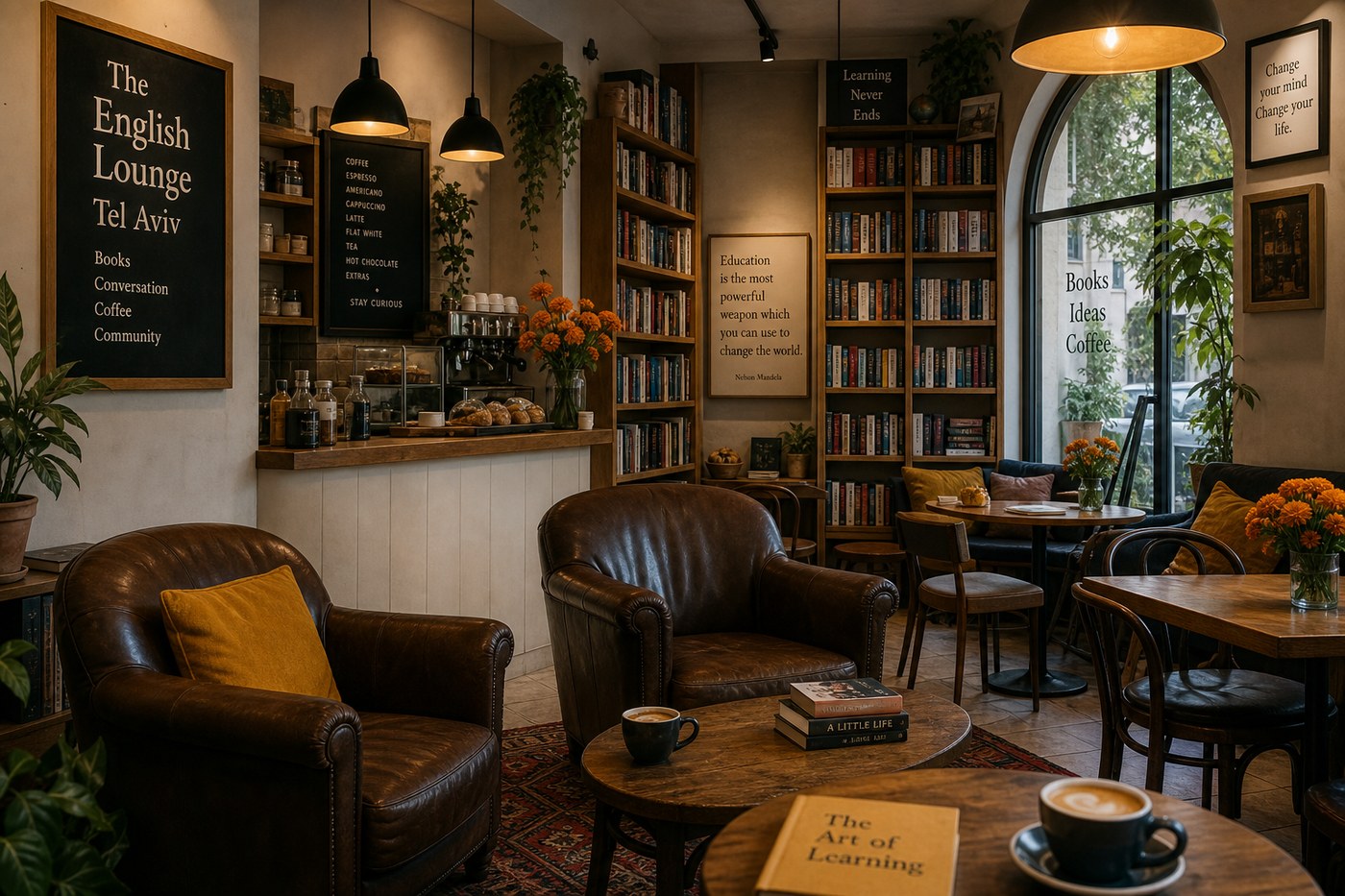 Book club English discussion with coffee and novels
