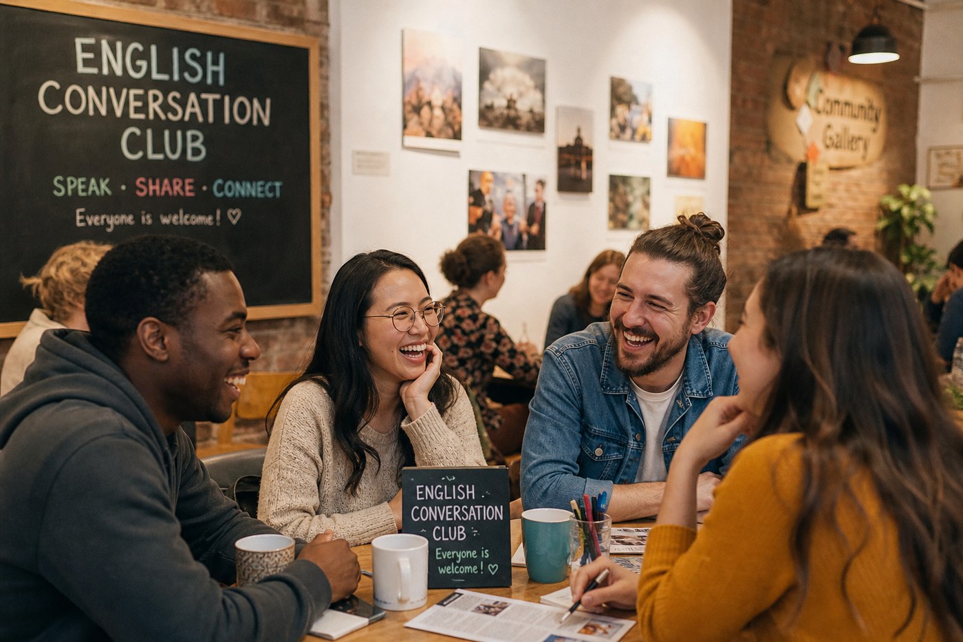 Friends laughing during English conversation club